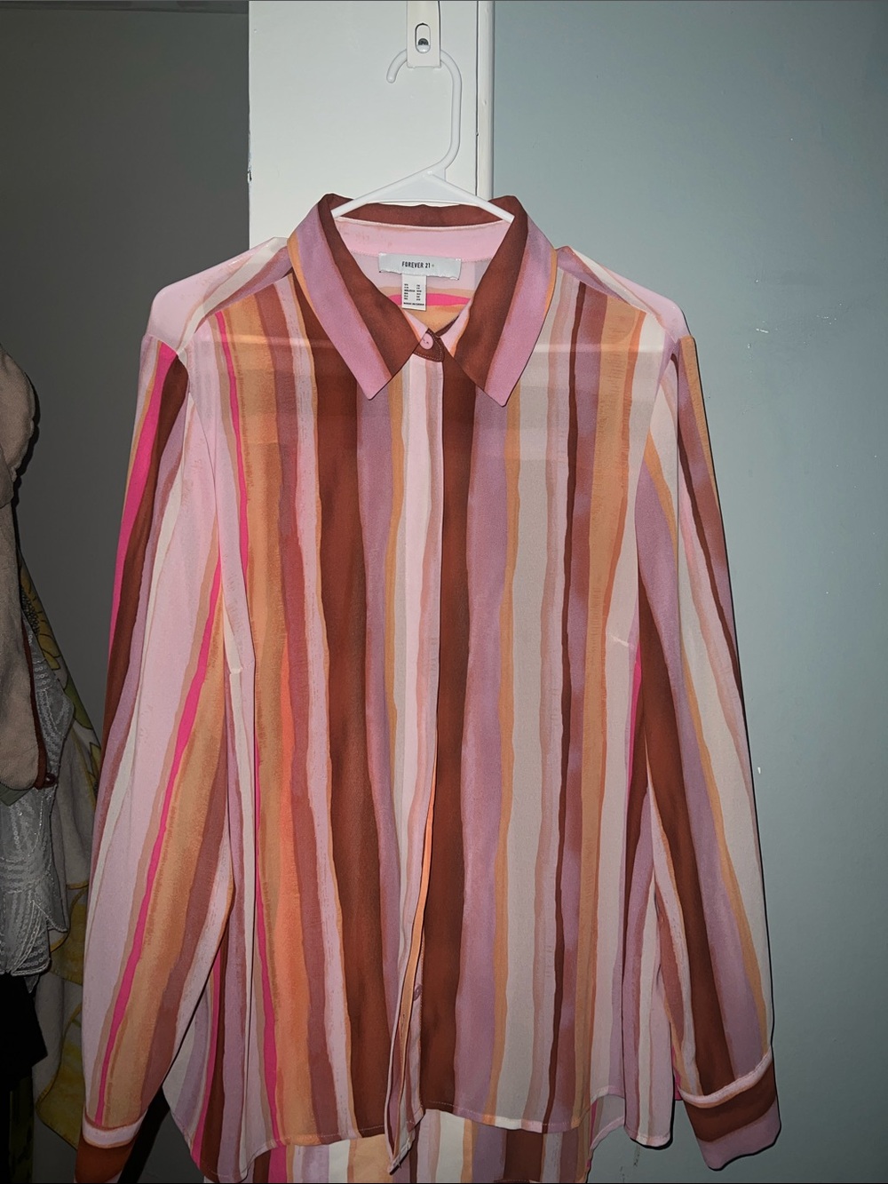 Forever 21 Striped Pink, Brown & Cream Button-Up Blouse